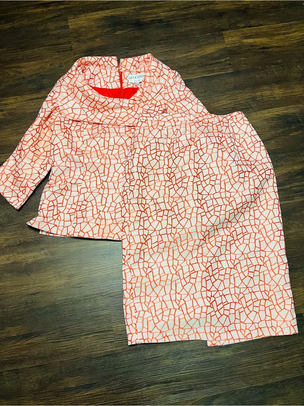 Vintage Crackle Print Classy 2-Piece Set Cowl Neck Top Midi Skirt Sz 12